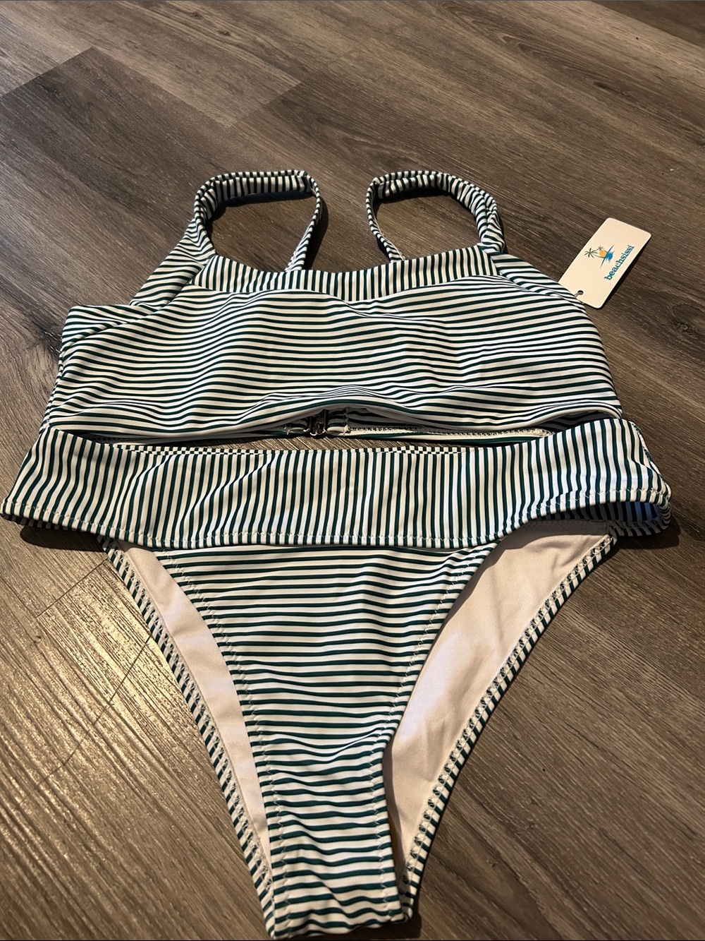 Striped Green and White women’s Two-Piece Swim Set